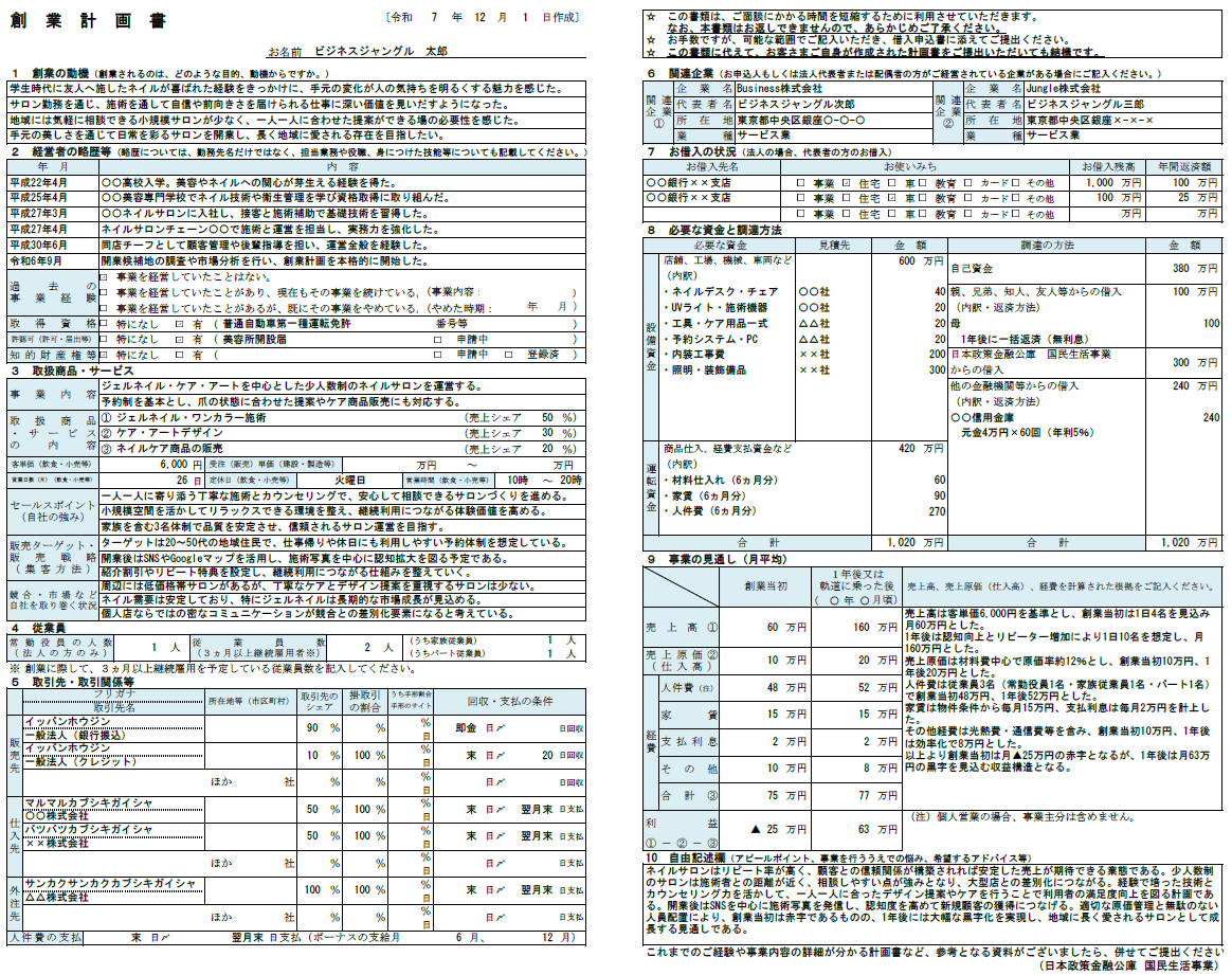 ネイルサロンの事業計画書の書き方｜記入例・テンプレート付き